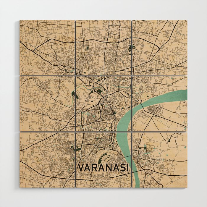 Varanasi City Map of Uttar Pradesh, India - Vintage Wood Wall Art