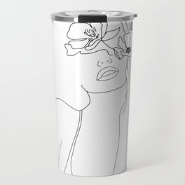 Minimal Line Art Woman with Flowers Travel Mug
