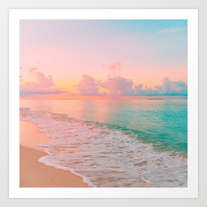 Beautiful: Aqua, Turquoise, Pink, Sunset Relaxing, Peaceful, Coastal Seashore Art Print