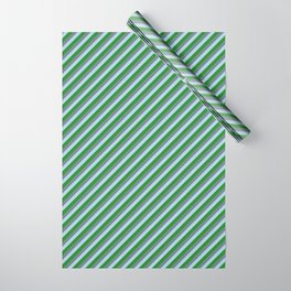 [ Thumbnail: Forest Green, Slate Gray & Light Blue Colored Striped/Lined Pattern Wrapping Paper ]