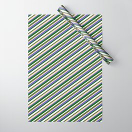[ Thumbnail: Colorful Dark Olive Green, Tan, Slate Blue, Dark Green, and White Colored Lines/Stripes Pattern Wrapping Paper ]