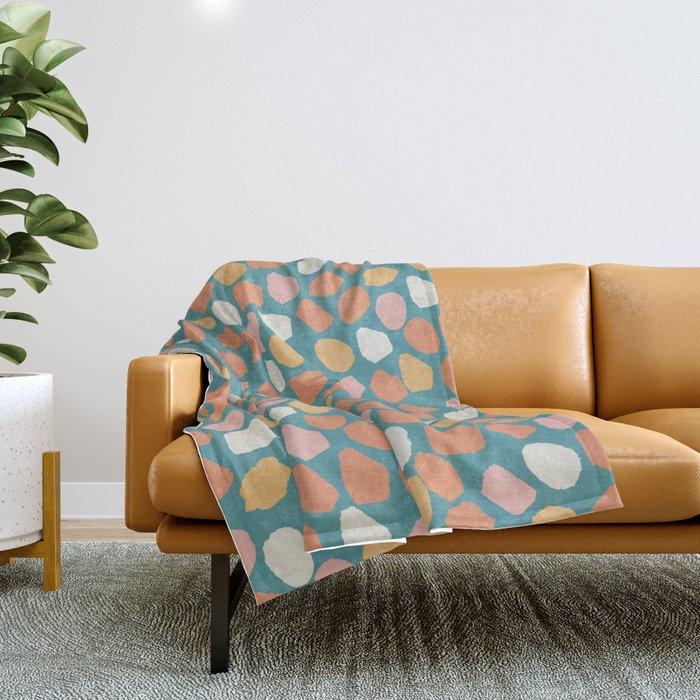 Ink Dot Mosaic Pattern Teal Mustard Cantaloupe Pink Throw Blanket