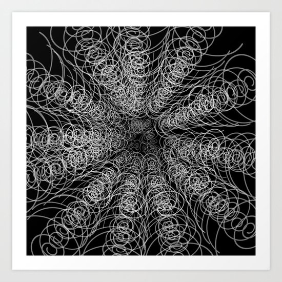 White Swirl Fractal on Black Art Print