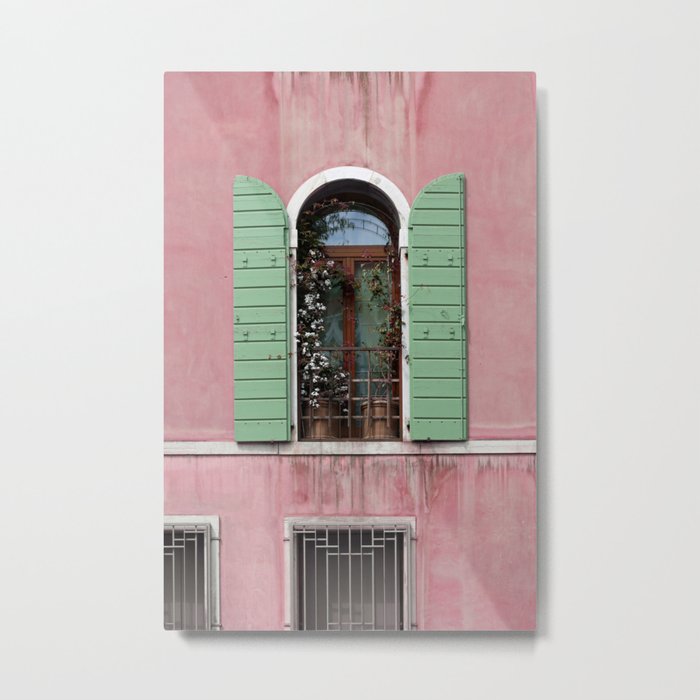 Venice Window in Pink and Green Metal Print