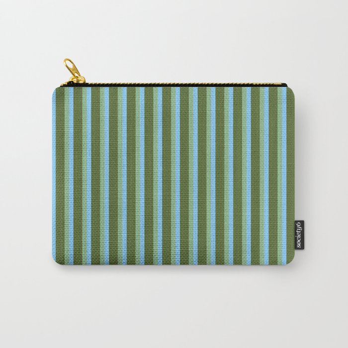 Light Sky Blue, Dark Sea Green, and Dark Olive Green Colored Striped Pattern Carry-All Pouch