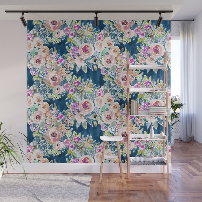 NAVY SO LUSCIOUS Colorful Watercolor Floral Wall Mural