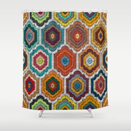 Seamless embroidered pattern in bohemian style. Geometric print patchwork, handwork. Ethnic and tribal motifs. Vintage illustration.  Shower Curtain
