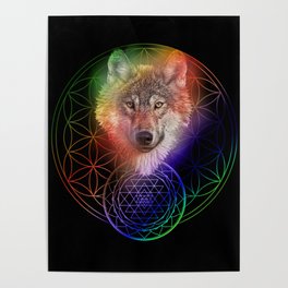 Colorful Wolf Sri Yantra Mandala Poster