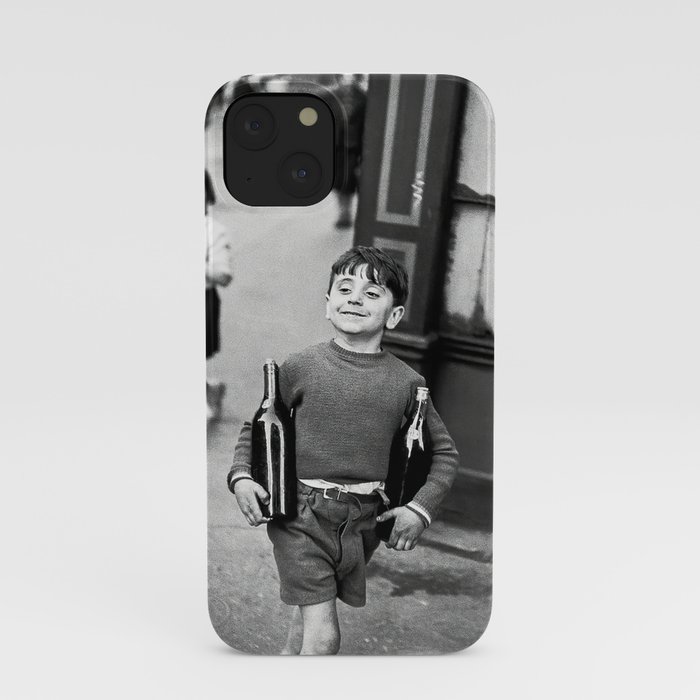 Little Boy and Bottles of Wine, Black and White Vintage Art iPhone Case