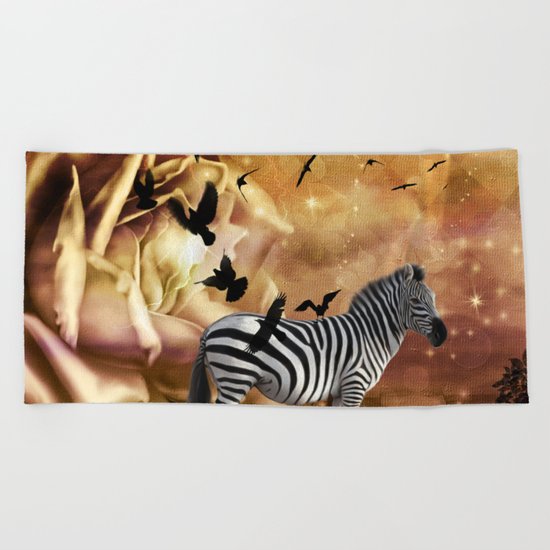 Beautiful zebra with birds Beach Towel
