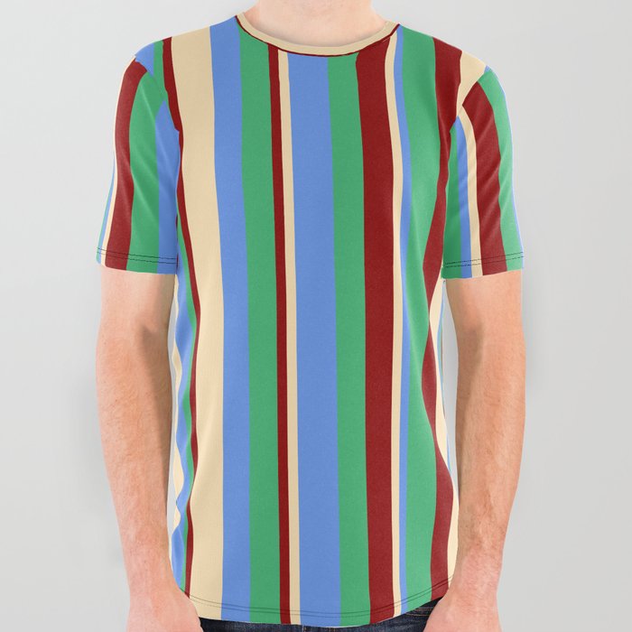 Beige, Cornflower Blue, Sea Green, and Dark Red Colored Lines/Stripes Pattern All Over Graphic Tee