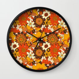 Retro 70s Flower Power, Floral, Orange Brown Yellow Psychedelic Pattern Wall Clock