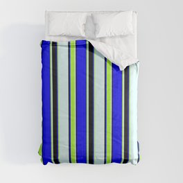 [ Thumbnail: Blue, Light Green, Light Cyan & Black Colored Striped/Lined Pattern Comforter ]