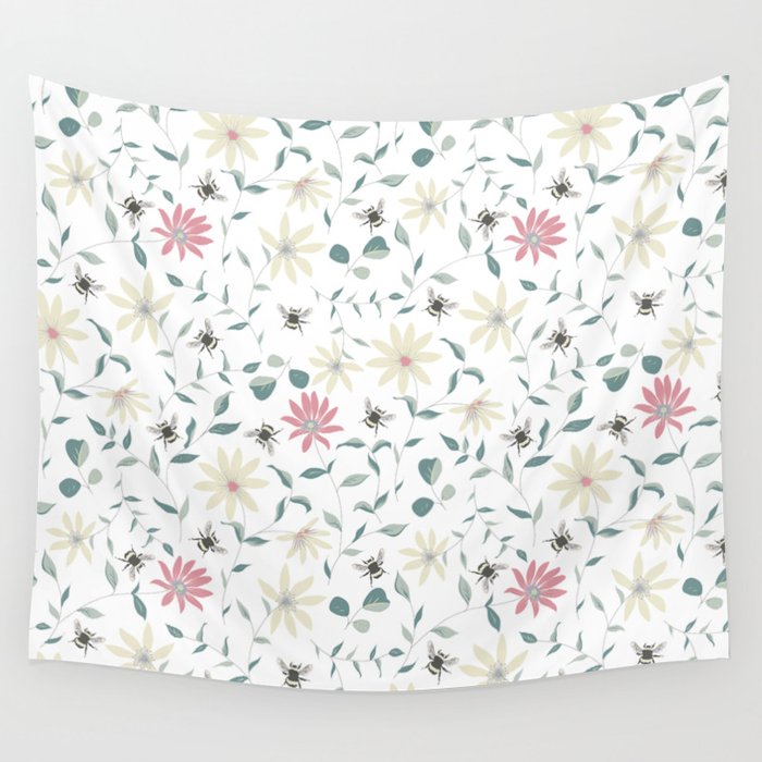 Floral Bee Print Wall Tapestry