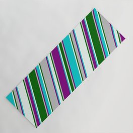 [ Thumbnail: Colorful Grey, Purple, Dark Turquoise, Mint Cream & Dark Green Colored Pattern of Stripes Yoga Mat ]