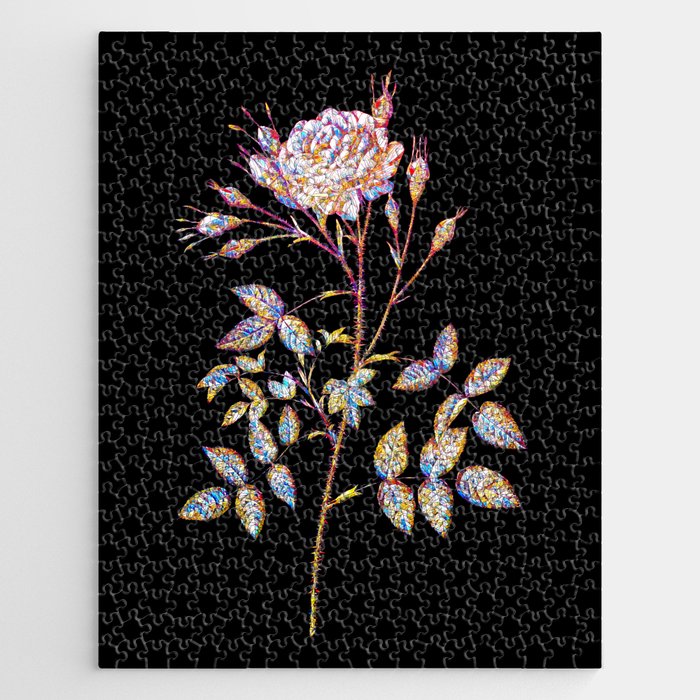 Floral White Rose of Rosenberg Mosaic on Black Jigsaw Puzzle