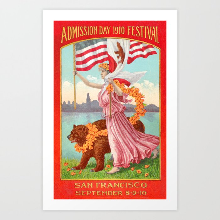 Lady Holding Usa Flag California Flag Alongside A Bear At The