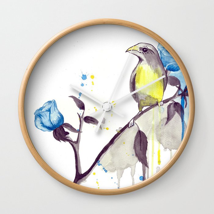 Bird and Blue Roses Wall Clock