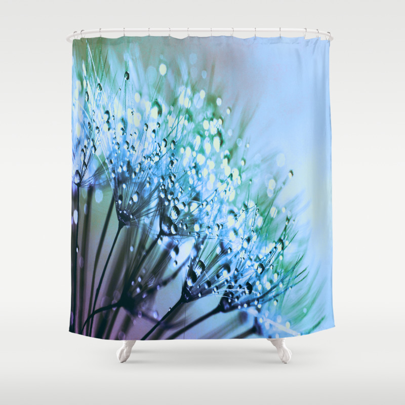 Periwinkle Blue Teal Dandelion Dew Flowers Shower Curtain By