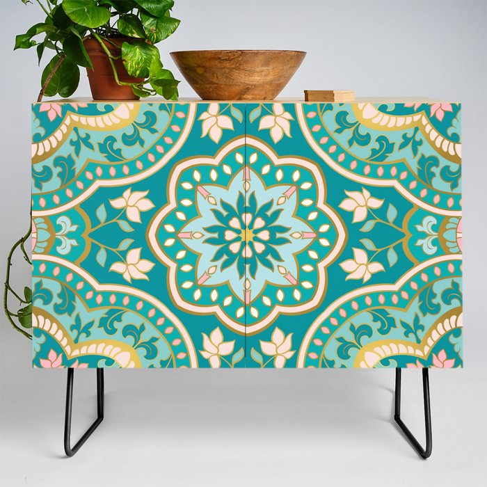 Ornamental Ethnic Bohemian Pattern IV Golden Green Credenza