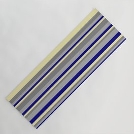 [ Thumbnail: Dark Gray, Blue, Pale Goldenrod, and Gray Colored Striped Pattern Yoga Mat ]