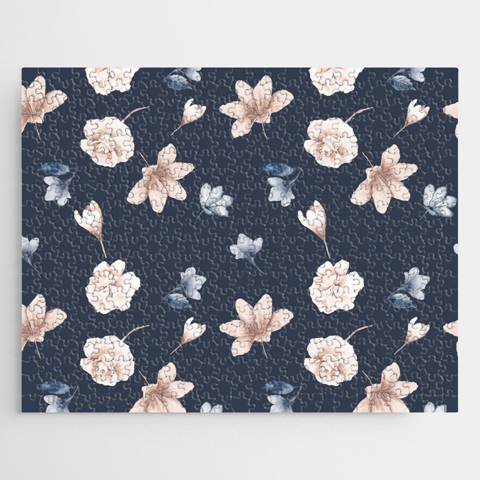 Navy Blue Floral Watercolor Pattern Jigsaw Puzzle