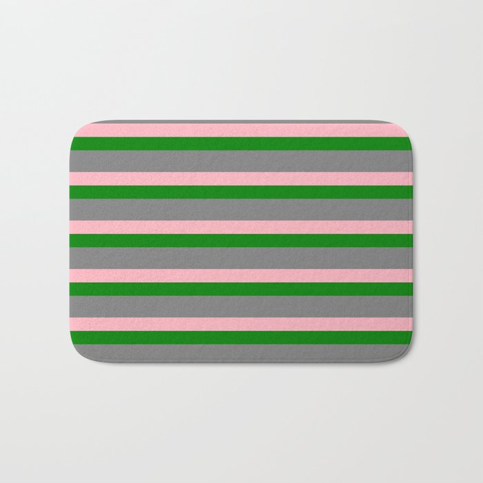 Gray, Light Pink & Green Colored Lines/Stripes Pattern Bath Mat