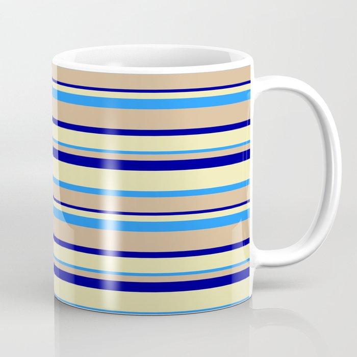 Tan, Dark Blue, Pale Goldenrod & Blue Colored Lined Pattern Coffee Mug