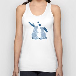 Geometric Easter bunnies // slate blue linen texture background blue rabbits with classic blue ears white lines Unisex Tank Top