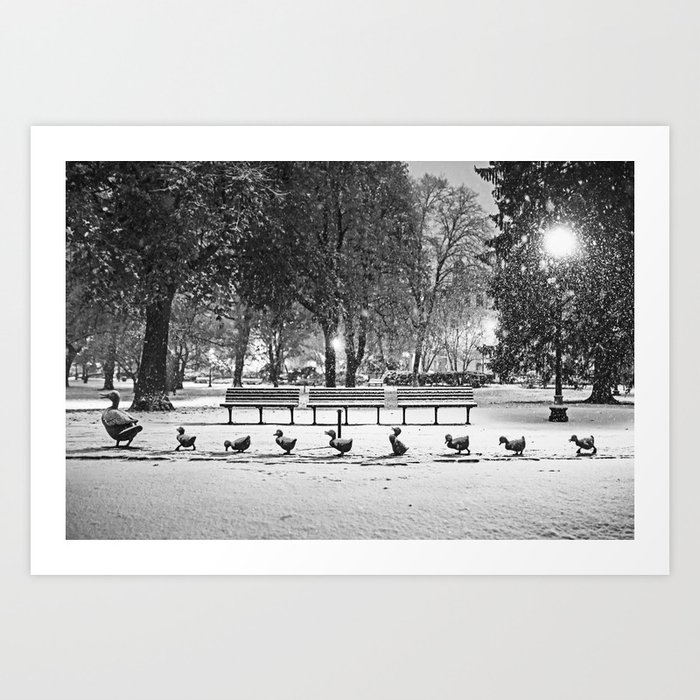 Boston Public Garden Make Way For Ducklings in the Snow Black and White Art Print