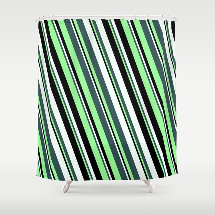 Dark Slate Gray, Green, Black & Mint Cream Colored Stripes/Lines Pattern Shower Curtain