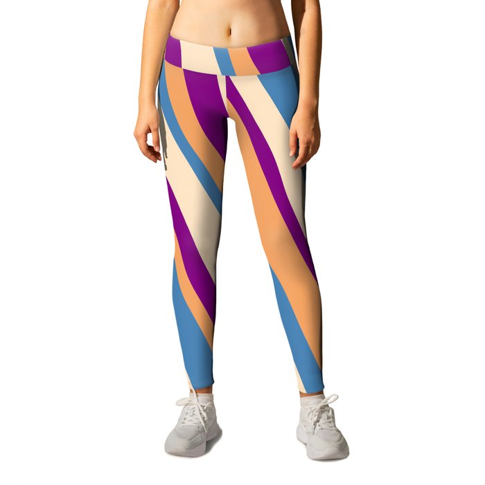 Brown, Blue, Bisque & Purple Colored Lined/Striped Pattern Leggings