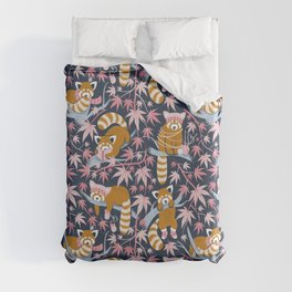 Red panda blending with the foliage // navy background desert sun brown cozy animals fog blue tree branches cotton candy and carissma pink acer leaves Duvet Cover