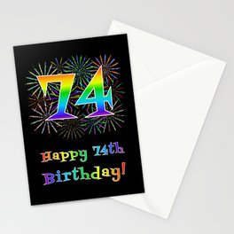 [ Thumbnail: 74th Birthday - Fun Rainbow Spectrum Gradient Pattern Text, Bursting Fireworks Inspired Background Stationery Cards ]