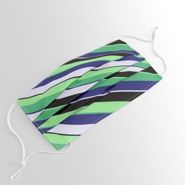 [ Thumbnail: Colorful Light Green, Sea Green, Midnight Blue, Lavender & Black Colored Striped Pattern Face Mask ]