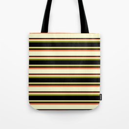 [ Thumbnail: Coral, Light Yellow, Green, and Black Colored Lined/Striped Pattern Tote Bag ]