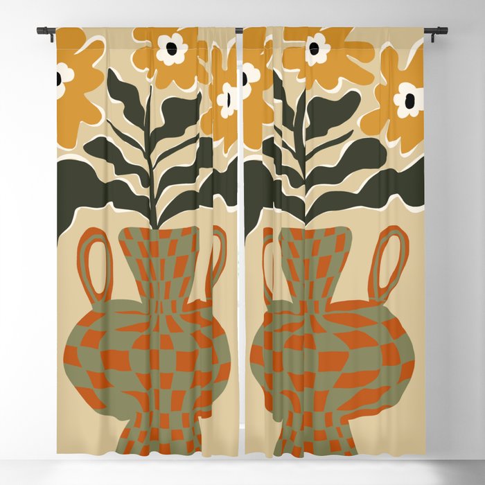 vintage flower vase with check  Blackout Curtain