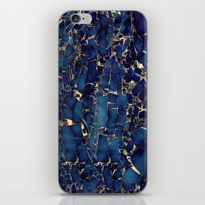 Dark blue stone marble abstract texture with gold streaks iPhone Skin