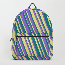 [ Thumbnail: Teal, Purple, and Tan Colored Lines Pattern Backpack ]