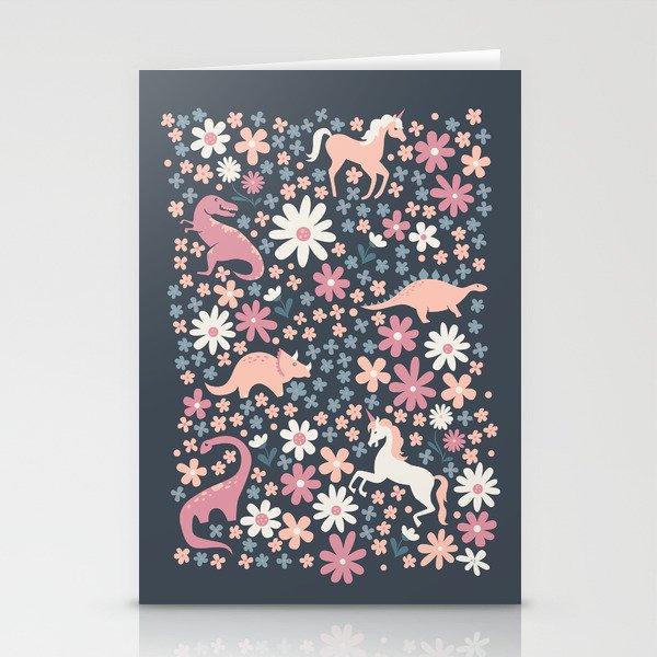 Floral Burst of Dinosaurs and Unicorns in Mauve + Peach Stationery Cards