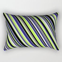[ Thumbnail: Colorful Midnight Blue, Light Gray, Light Green, Black, and Dim Grey Colored Stripes/Lines Pattern Rectangular Pillow ]