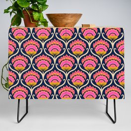 Bright ethnic ogee flame floral  - Hot pink, marigold and papaya orange on midnight blue Credenza