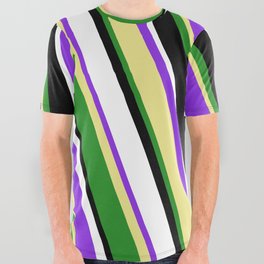 [ Thumbnail: Purple, Tan, Forest Green, Black, and White Colored Lined/Striped Pattern All Over Graphic Tee ]