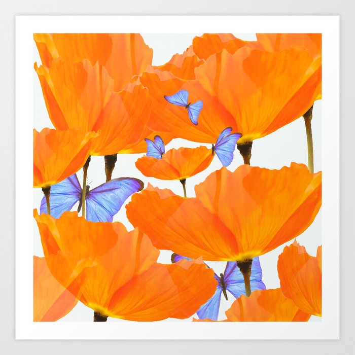 Poppies And Butterflies White Background #decor #society6 #buyart Art Print
