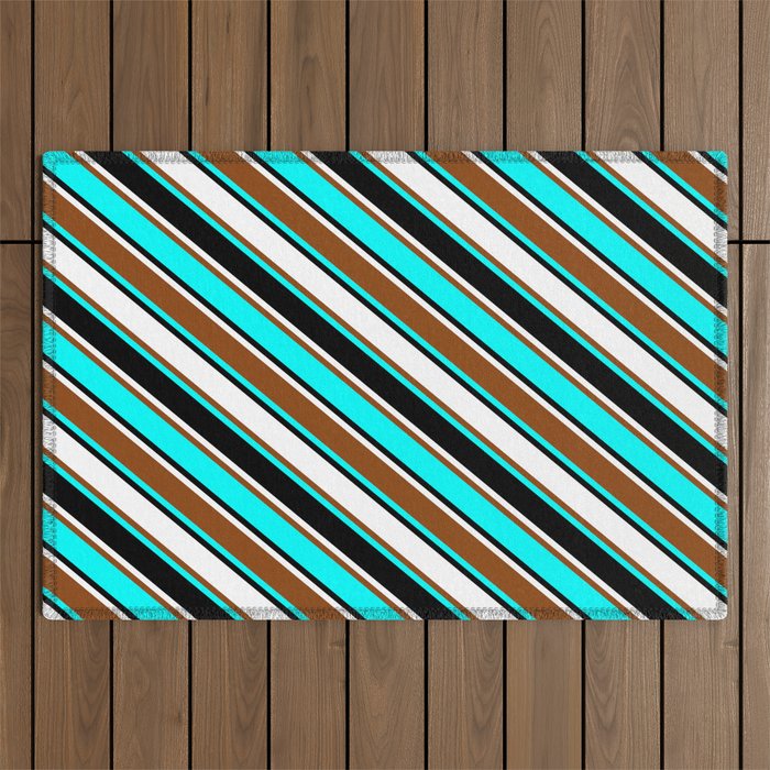 Brown, Cyan, Black, and White Colored Stripes Pattern Outdoor Rug