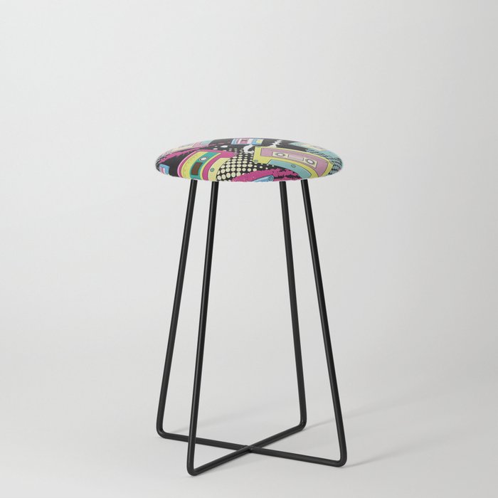 Multi Colored cassettes on a black background seamless pattern Counter Stool