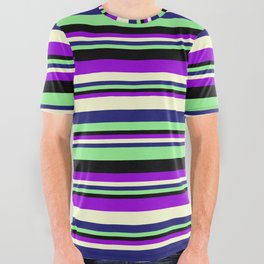 [ Thumbnail: Dark Violet, Light Yellow, Midnight Blue, Light Green, and Black Colored Lined/Striped Pattern All Over Graphic Tee ]