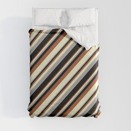 [ Thumbnail: Sienna, Light Yellow, Dark Grey, and Black Colored Stripes Pattern Duvet Cover ]