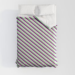 [ Thumbnail: Green, Purple & White Colored Lines/Stripes Pattern Comforter ]