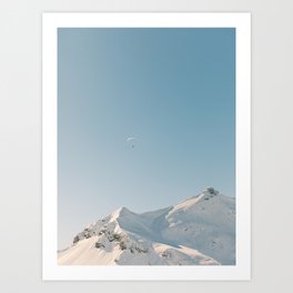 Flying to Freedom | Paragliding in the Swiss Alps | Switzerland Snow Capped Mountains Adventure Travel Minimal Photography Art Print